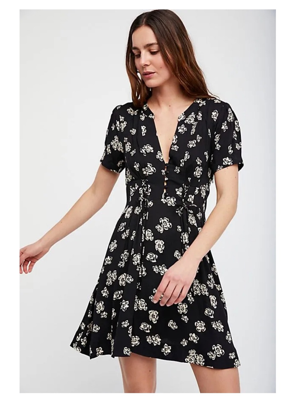 Free People Black Floral Tie-Front Casual Dress